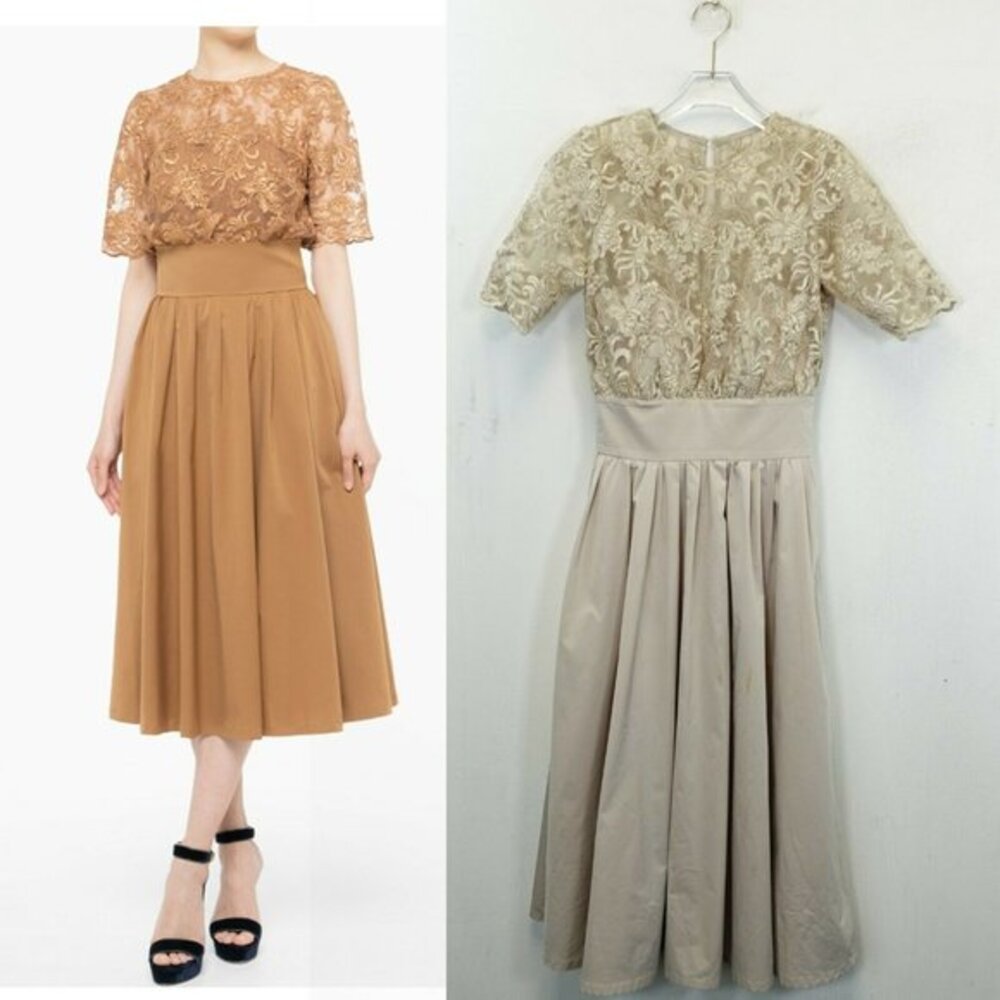 Champagne Beige Fit Flare Midi‎ Dress SMALL Pleated Cocktail Wedding LAGUNAMOON